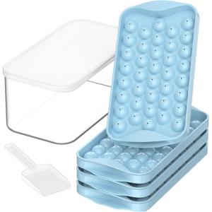 imageDOQAUS 4 Pack Round Ice Cube Trays with lid and Bin Easy Pop Out with Cover for Freezer Compact Storage Ice Bucket Kits Scoop for Baby Food Cocktail CoffeeLight Blue