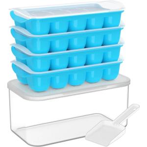 imageDOQAUS Ice Cube Tray with Lid and Bin 4 Pack Easy Pop Out Silicone Ices Cubes Trays for Freezer with Cover Stackable Compact Ice Bucket Kits for Soup Food Cocktail CoffeeLight Blue