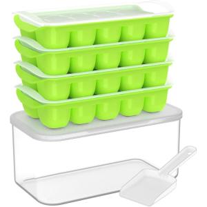 imageDOQAUS Ice Cube Tray with Lid and Bin 4 Pack Easy Pop Out Silicone Ices Cubes Trays for Freezer with Cover Stackable Compact Ice Bucket Kits for Soup Food Cocktail CoffeeGreen