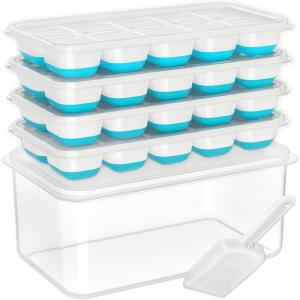 imageDOQAUS Ice Cube Tray with Lid and Bin 4 Pack Silicone Plastic Ice Cubes Trays for Freezer with BoxContainer Stackable with Storage Iced Bucket Kits Scoop for Soup Food Cocktail CoffeeBlue