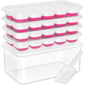 imageDOQAUS Ice Cube Tray with Lid and Bin 4 Pack Silicone Plastic Ice Cubes Trays for Freezer with BoxContainer Stackable with Storage Iced Bucket Kits Scoop for Soup Food Cocktail CoffeeLight Pink