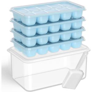 imageDOQAUS Ice Cube Tray with Lid and Bin 4 Pack Silicone Plastic Ice Cubes Trays for Freezer with BoxContainer Stackable with Storage Iced Bucket Kits Scoop for Soup Food Cocktail CoffeeLake Blue