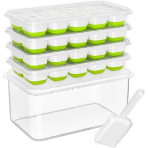 imageDOQAUS Ice Cube Tray with Lid and Bin 4 Pack Silicone Plastic Ice Cubes Trays for Freezer with BoxContainer Stackable with Storage Iced Bucket Kits Scoop for Soup Food Cocktail CoffeeGreen