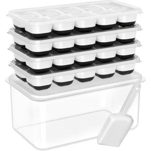 imageDOQAUS Ice Cube Tray with Lid and Bin 4 Pack Silicone Plastic Ice Cubes Trays for Freezer with BoxContainer Stackable with Storage Iced Bucket Kits Scoop for Soup Food Cocktail CoffeeDark Black