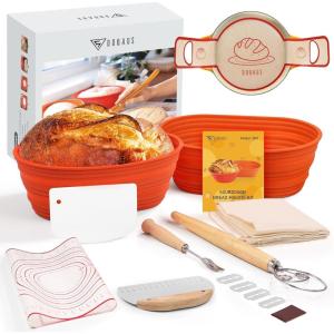 imageDOQAUS Silicone Banneton Bread Proofing Basket Set of 2 Sourdough Bread Baking Supplies Including 10 inch Oval Proofing Basket ampamp Linen Liners Baking Mat Dough Scrapers Bread Lame Danish Whisk