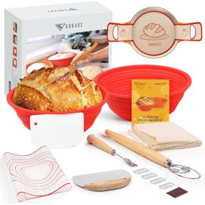 imageDOQAUS Silicone Banneton Bread Proofing Basket Set of 2 Sourdough Bread Baking Supplies Including 9 inch Round Proofing Basket ampamp Linen Liners Baking Mat Dough Scrapers Bread Lame Danish Whisk