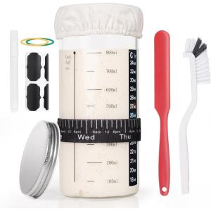 imageSourdough Starter Jar 34 oz1000 ml Sourdough Starter Kit with Date Marked Feeding Band Thermometer Silicone Spatula Cloth CoverampampAluminum Lid Cleaning Brush DIY Sticker Marker Pen Colored Rope
