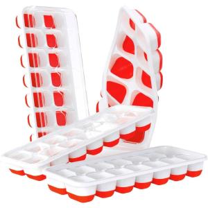 imageDOQAUS Ice Cube Trays 4 Pack 56 pcs Silicone Ice Cubes Tray Maker with SpillResistant Removable Lid Easy Release ampamp Pop out LFGB and BPA Free Stackable Flexible for Baby Food Cocktail CoffeeLight Red